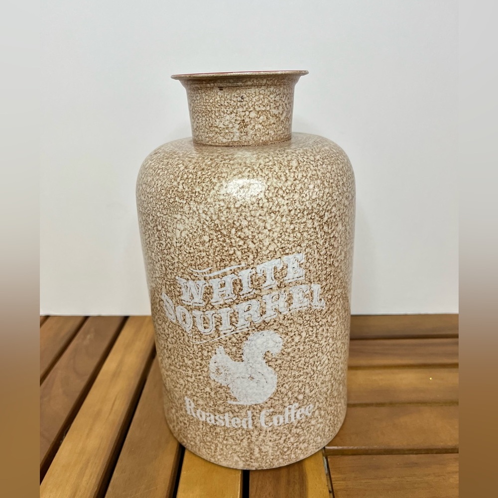 Coffee Canister Rustic Farmhouse Jug Metal White Squirrel Brown 9” Conversation